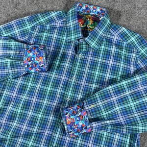 Robert Graham Mens L Classic Fit Plaid Button Up Shirt Flip Cuff Blue Green
